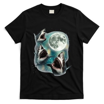 Three Shark Moon 3 Great Whites Howling Wolfs Moon T-Shirt