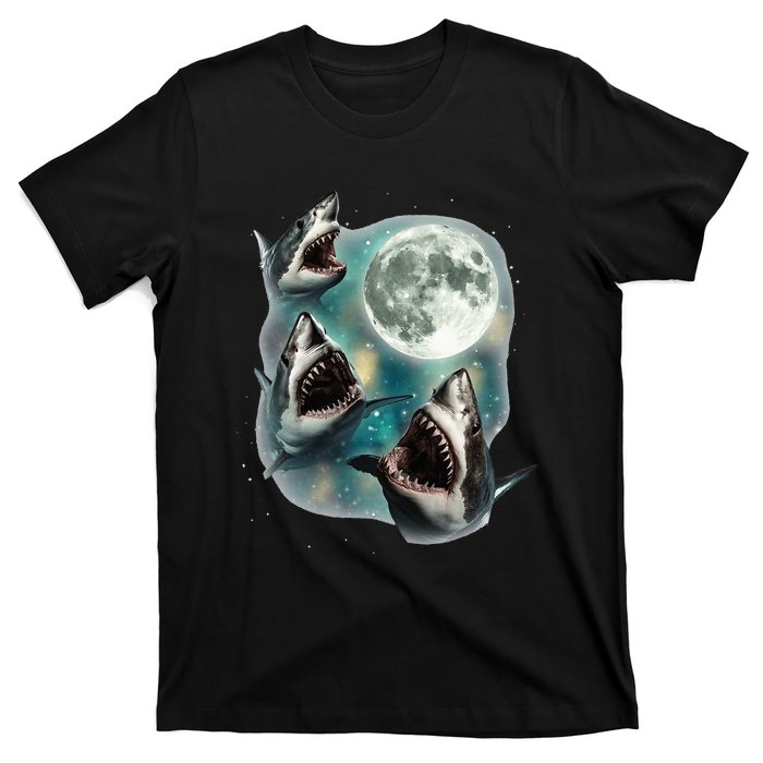 Three Shark Moon 3 Great Whites Howling Wolfs Moon T-Shirt