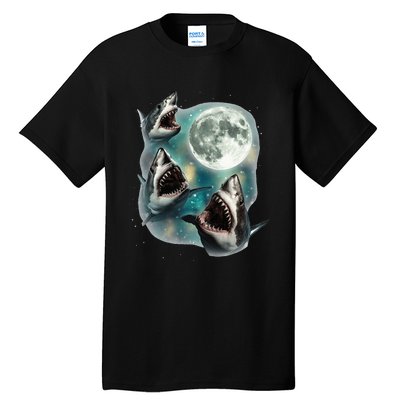 Three Shark Moon 3 Great Whites Howling Wolfs Moon Tall T-Shirt