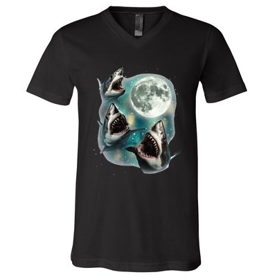 Three Shark Moon 3 Great Whites Howling Wolfs Moon V-Neck T-Shirt