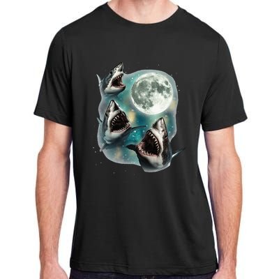 Three Shark Moon 3 Great Whites Howling Wolfs Moon Adult ChromaSoft Performance T-Shirt