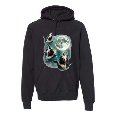 Three Shark Moon 3 Great Whites Howling Wolfs Moon Premium Hoodie