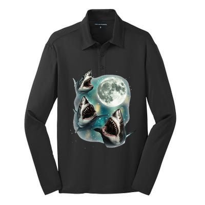 Three Shark Moon 3 Great Whites Howling Wolfs Moon Silk Touch Performance Long Sleeve Polo