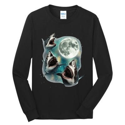 Three Shark Moon 3 Great Whites Howling Wolfs Moon Tall Long Sleeve T-Shirt