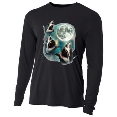 Three Shark Moon 3 Great Whites Howling Wolfs Moon Cooling Performance Long Sleeve Crew