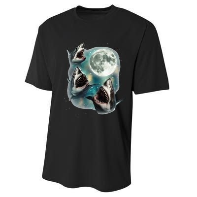 Three Shark Moon 3 Great Whites Howling Wolfs Moon Performance Sprint T-Shirt