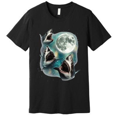 Three Shark Moon 3 Great Whites Howling Wolfs Moon Premium T-Shirt