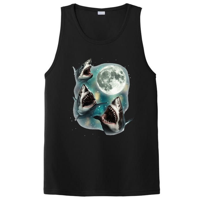 Three Shark Moon 3 Great Whites Howling Wolfs Moon PosiCharge Competitor Tank