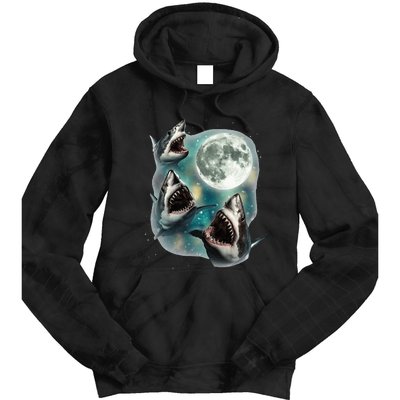 Three Shark Moon 3 Great Whites Howling Wolfs Moon Tie Dye Hoodie