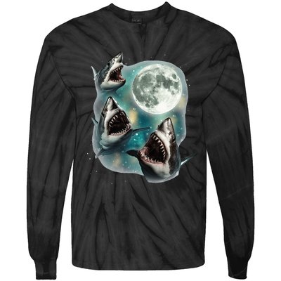 Three Shark Moon 3 Great Whites Howling Wolfs Moon Tie-Dye Long Sleeve Shirt