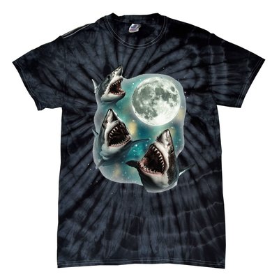 Three Shark Moon 3 Great Whites Howling Wolfs Moon Tie-Dye T-Shirt