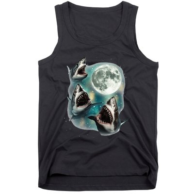 Three Shark Moon 3 Great Whites Howling Wolfs Moon Tank Top