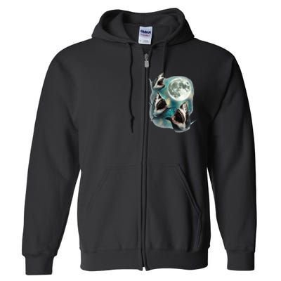 Three Shark Moon 3 Great Whites Howling Wolfs Moon Full Zip Hoodie