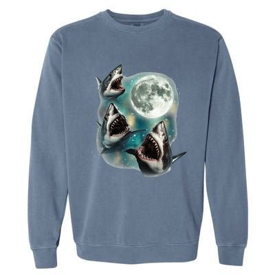 Three Shark Moon 3 Great Whites Howling Wolfs Moon Garment-Dyed Sweatshirt