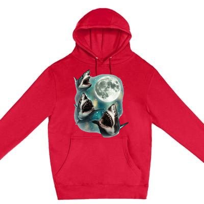 Three Shark Moon 3 Great Whites Howling Wolfs Moon Premium Pullover Hoodie