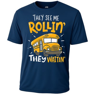 They See Me Rollin' They Waiting' Funny School Bus Driver Cooling Performance Crew T-Shirt