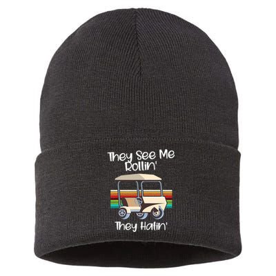 They See Me Rolling Golf Cart Funny Golfer Sustainable Knit Beanie