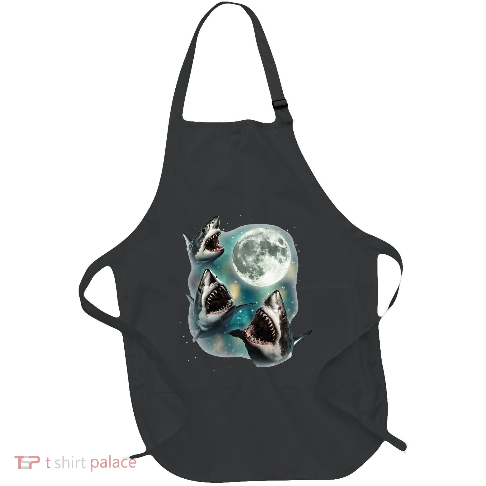 Three Shark Moon 3 Great Whites Howling Wolfs Moon Parody Full-Length Apron With Pockets