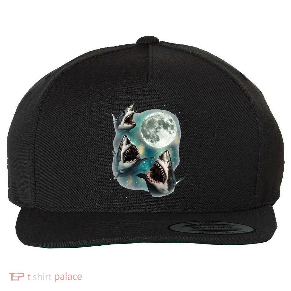 Three Shark Moon 3 Great Whites Howling Wolfs Moon Parody Wool Snapback Cap