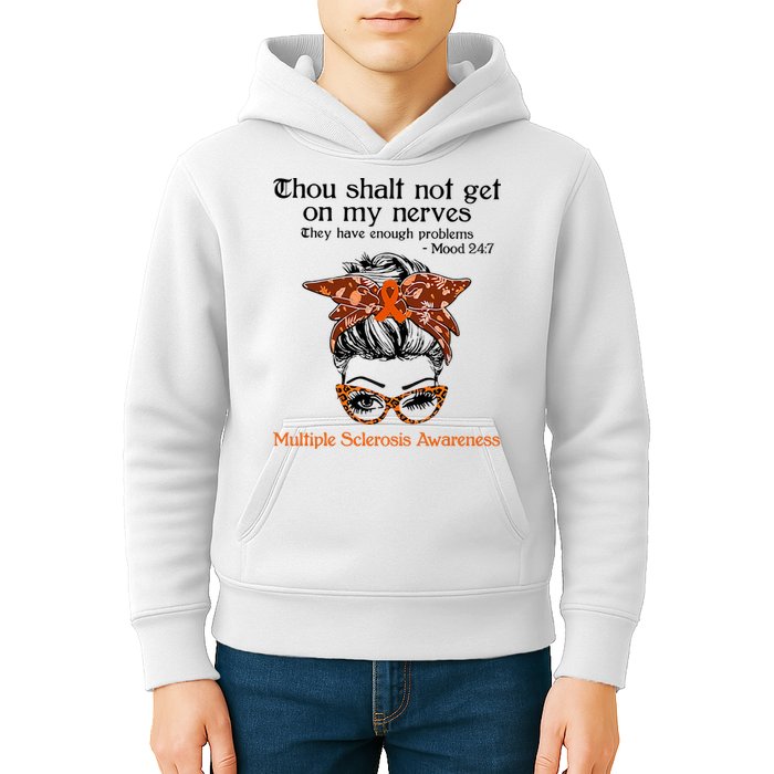 Thou Shalt Not Get On My Nerves Multiple Sclerosis Awareness Messy Bun MS Kids Hoodie
