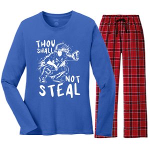 Thou Shall Not Steal Softball Catcher Gift Women's Long Sleeve Flannel Pajama Set 