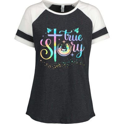 True Story Nativity Christmas Baby Jesus Religious Christian  Enza Ladies Jersey Colorblock Tee