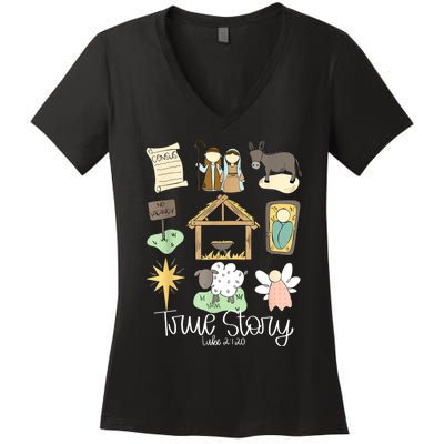 True Story Nativity Christmas Baby God Jesus Christian Women's V-Neck T-Shirt