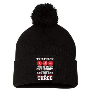 Three Sports One Race The Challenge Of A TriathleteS Life Pom Pom 12in Knit Beanie