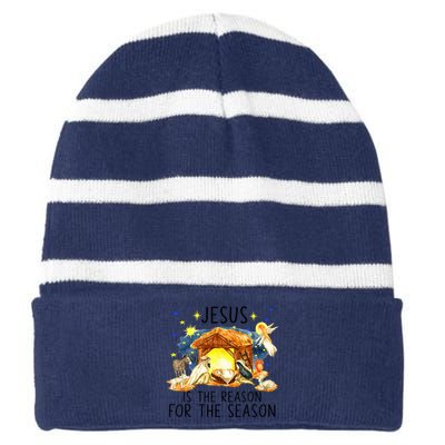 True Story of Jesus Birth Christmas Nativity Catholic Xmas  Striped Beanie with Solid Band