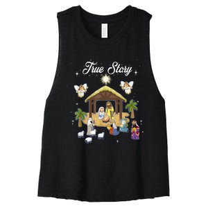 True Story Of Jesus Birth Christmas Nativity Catholic Women's Racerback Cropped Tank