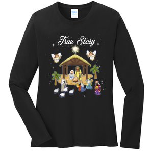 True Story Of Jesus Birth Christmas Nativity Catholic Ladies Long Sleeve Shirt