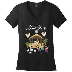 True Story Of Jesus Birth Christmas Nativity Catholic Women's V-Neck T-Shirt