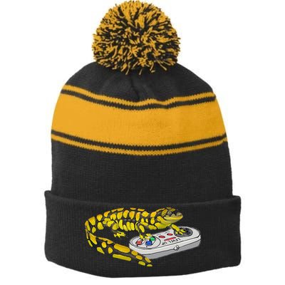 Tiger Salamander Playing Video Game Salamanders Gamers Stripe Pom Pom Beanie