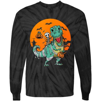 Trex Skeleton Pumpkin Halloween Costume Tie-Dye Long Sleeve Shirt