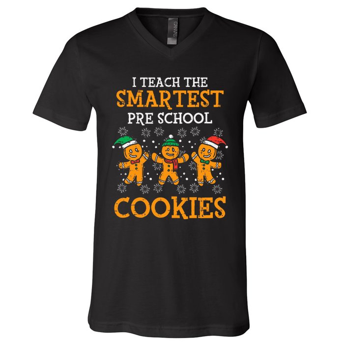 Teach Smartest Preschool Cookies Teacher Christmas Xmas V-Neck T-Shirt