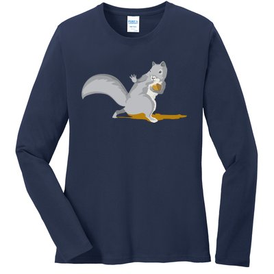 The Squirrel Protect The Nut Cool Vector Design Ladies Long Sleeve Shirt