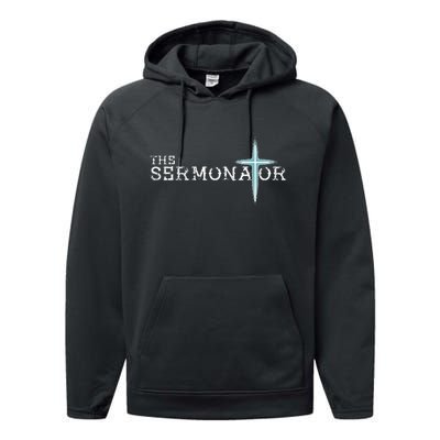 The Sermonator Pastor Appreciation Christian Cross Fun Performance Fleece Hoodie