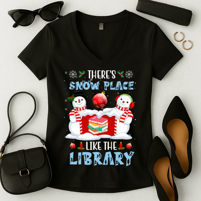 There's Snow Place Like The Library Book Worm Christmas Women's V-Neck T-Shirt