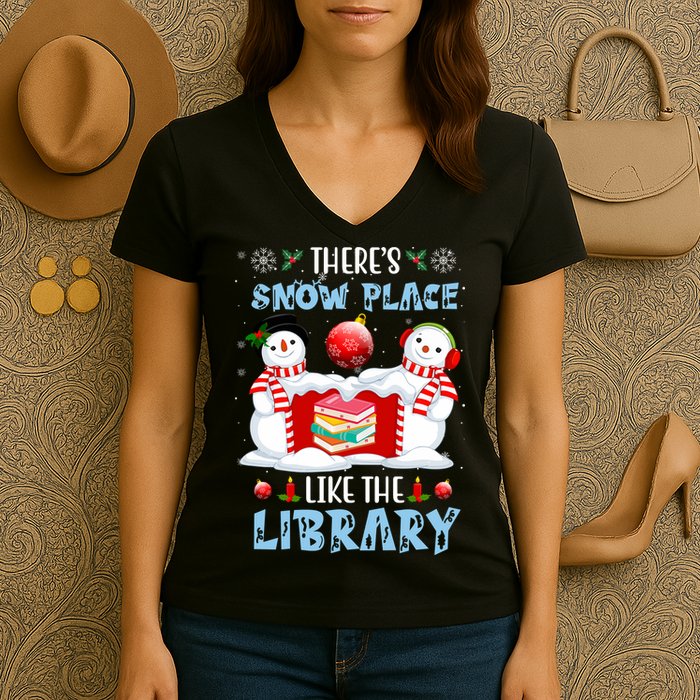 There's Snow Place Like The Library Book Worm Christmas Women's V-Neck T-Shirt