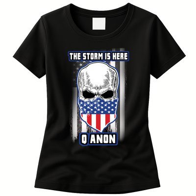 Qanon The Storm Is Here Skull Flag Womens T-Shirt