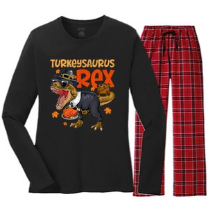 Turkey Saurus Rex Thanksgiving Dinosaur Turkey Women's Long Sleeve Flannel Pajama Set 