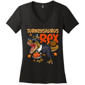 Turkey Saurus Rex Thanksgiving Dinosaur Turkey Women's V-Neck T-Shirt