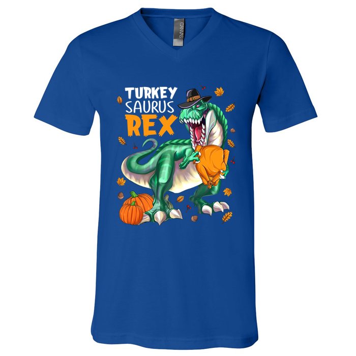 Turkey Saurus Rex Dinosaur T Rex Thanksgiving Pumpkin Gift V-Neck T-Shirt