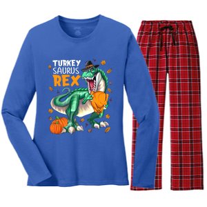 Turkey Saurus Rex Dinosaur T Rex Thanksgiving Pumpkin Gift Women's Long Sleeve Flannel Pajama Set 