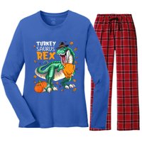 Turkey Saurus Rex Dinosaur T Rex Thanksgiving Pumpkin Gift Women's Long Sleeve Flannel Pajama Set 