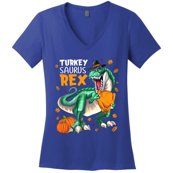 Turkey Saurus Rex Dinosaur T Rex Thanksgiving Pumpkin Gift Women's V-Neck T-Shirt