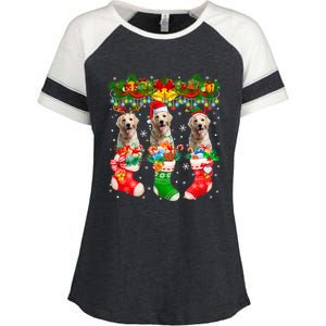 Three Santa Reindeer Elf Labrador Retrievers In Xmas Socks Gift Enza Ladies Jersey Colorblock Tee