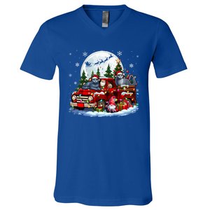 Two Santa Russian Blue Cats On Pickup Truck Gnome Christmas Cute Gift V-Neck T-Shirt