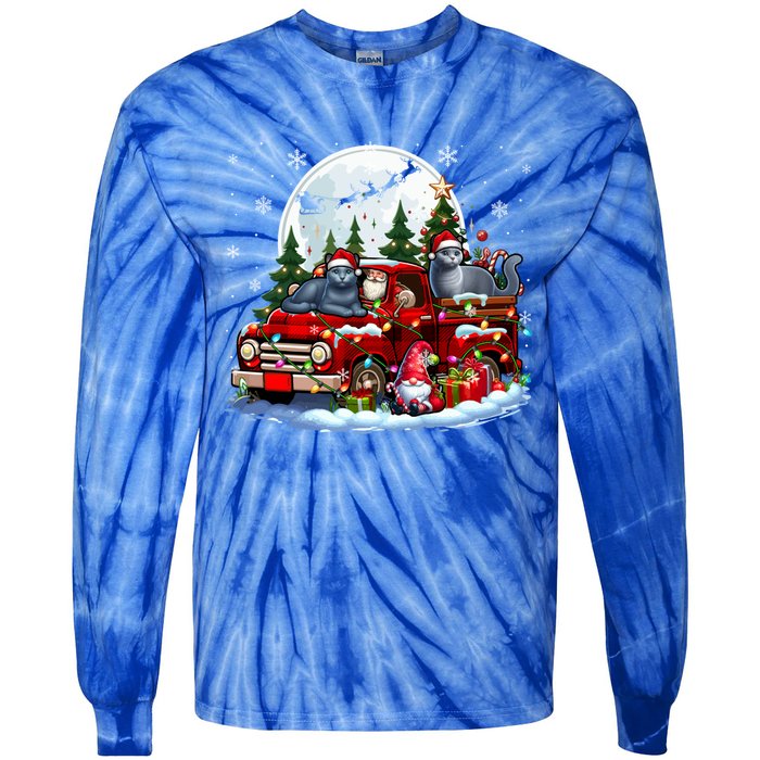 Two Santa Russian Blue Cats On Pickup Truck Gnome Christmas Cute Gift Tie-Dye Long Sleeve Shirt