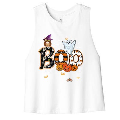 Teacher Squad Retro Halloween Boo 2 Funny Gift Women's Racerback Cropped Tank